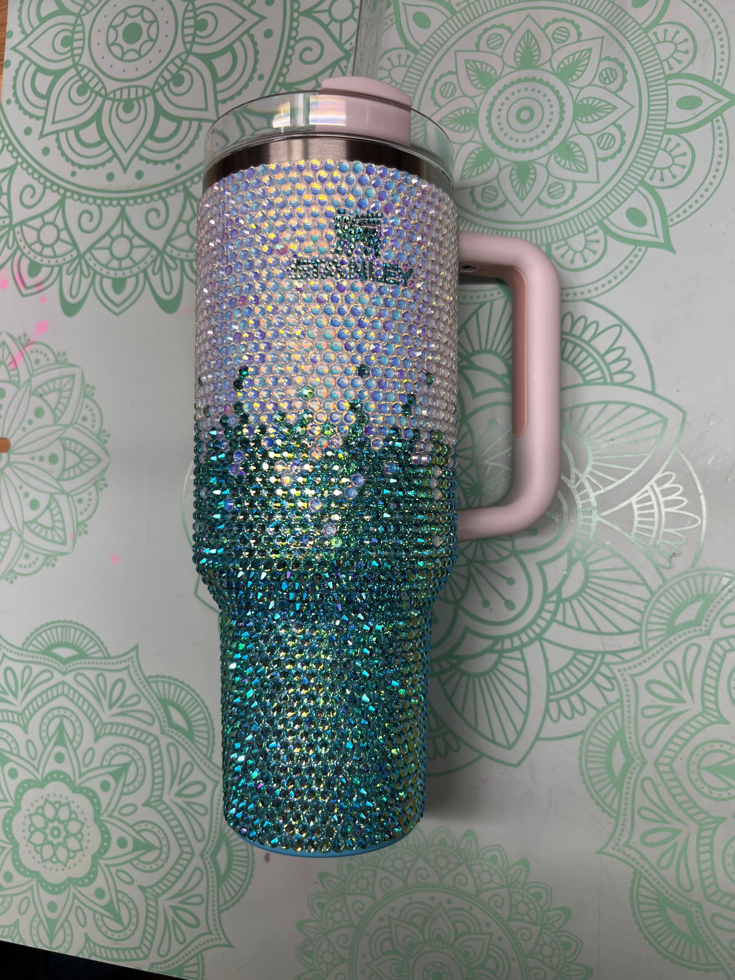 Ready to ship 40 oz Stanley Rhinestone Drinking Tumbler - Aquamarine Ombre