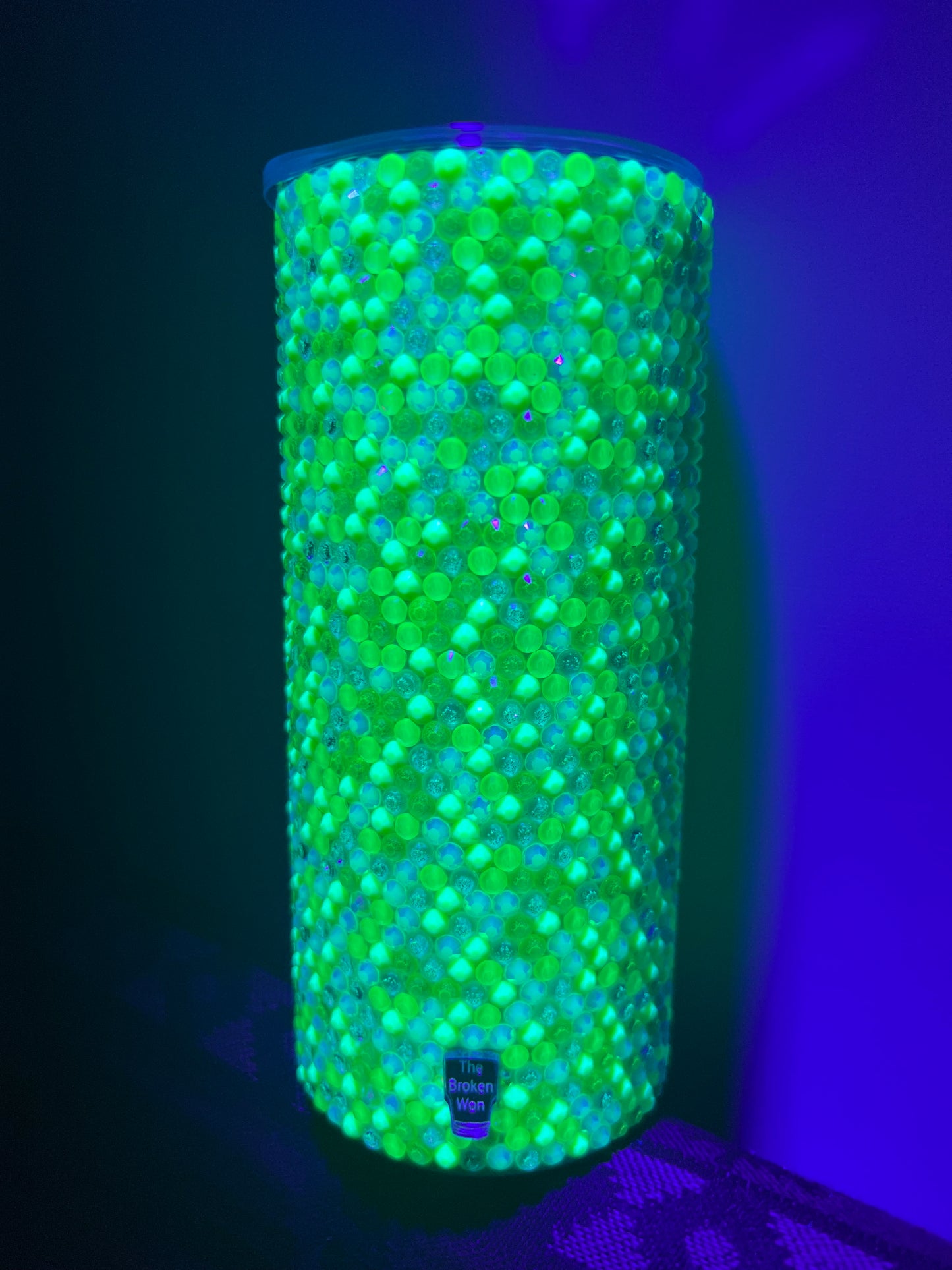 Ready to ship 15 oz Glow In The Dark Rhinestone Drinking Tumbler - Glow Green
