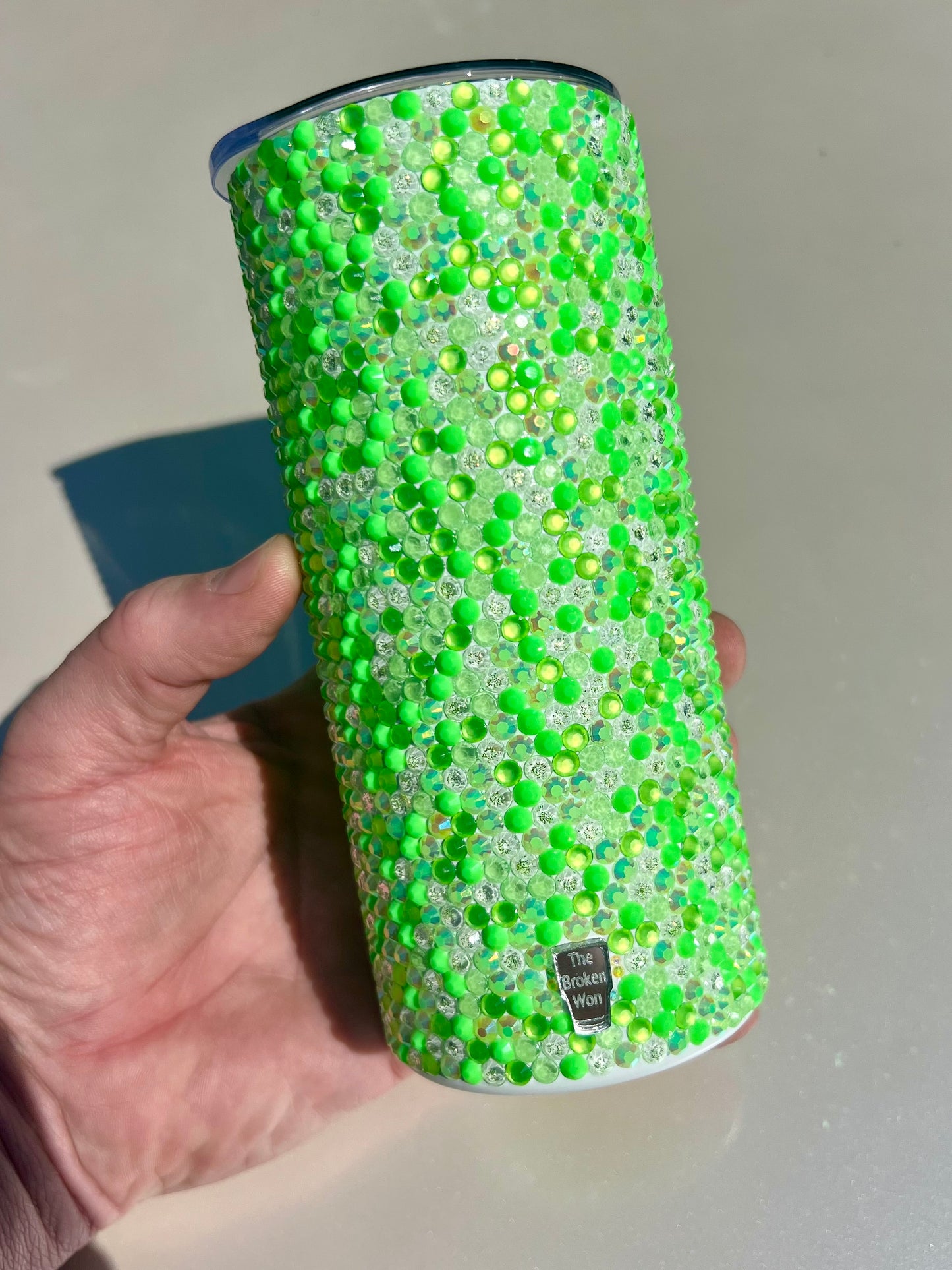 Ready to ship 15 oz Glow In The Dark Rhinestone Drinking Tumbler - Glow Green