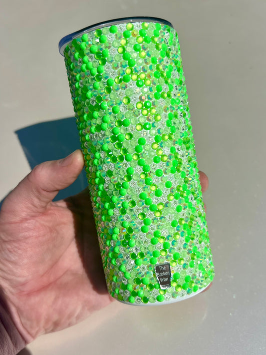 Ready to ship 15 oz Glow In The Dark Rhinestone Drinking Tumbler - Glow Green